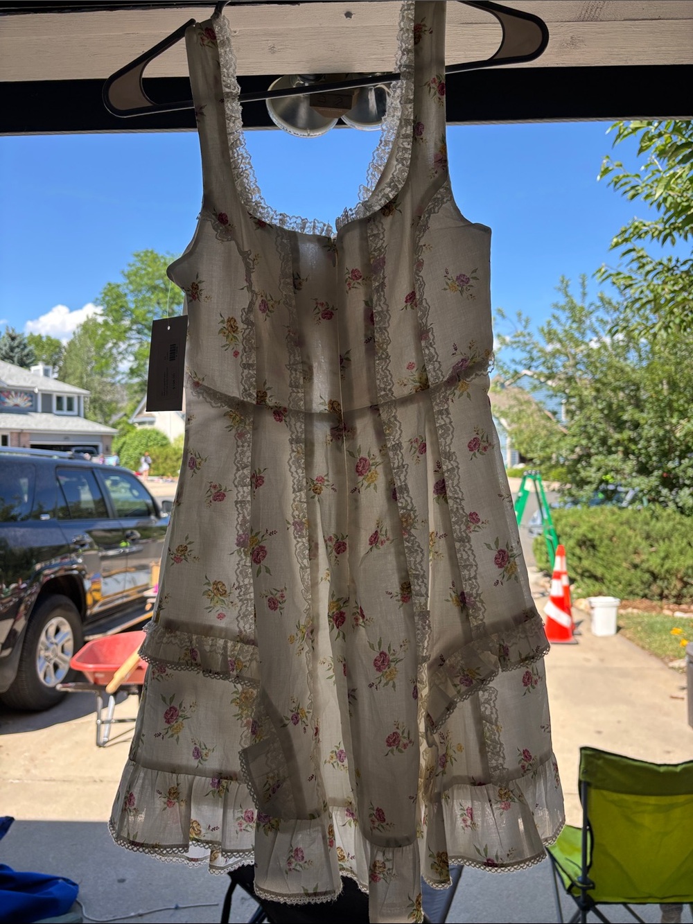 For Love & Lemons White Floral Tiered Sundress with Pink and Yellow Roses - Picture 2 of 5
